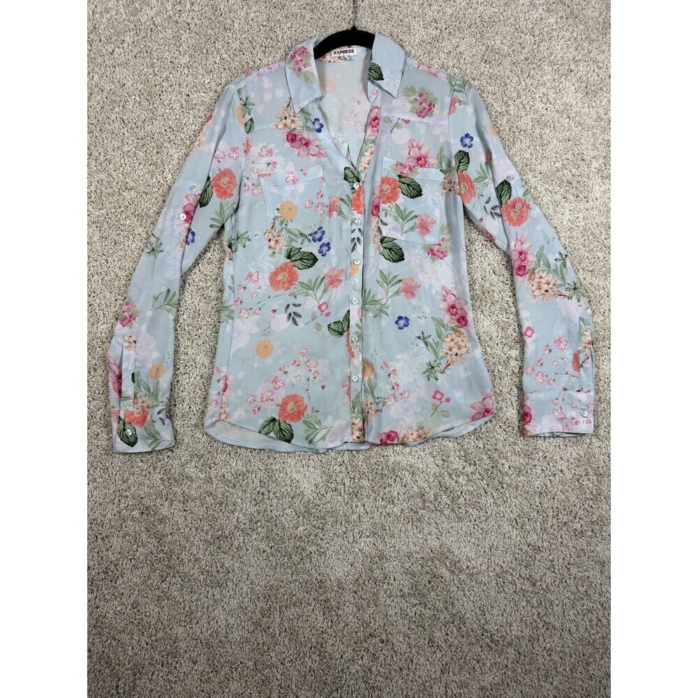 Express Women's Floral Portofino Button Front Blouse XS Blue Sheer